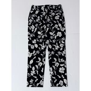 Chico's Black & White Floral Pull-On Pants, Size 1R